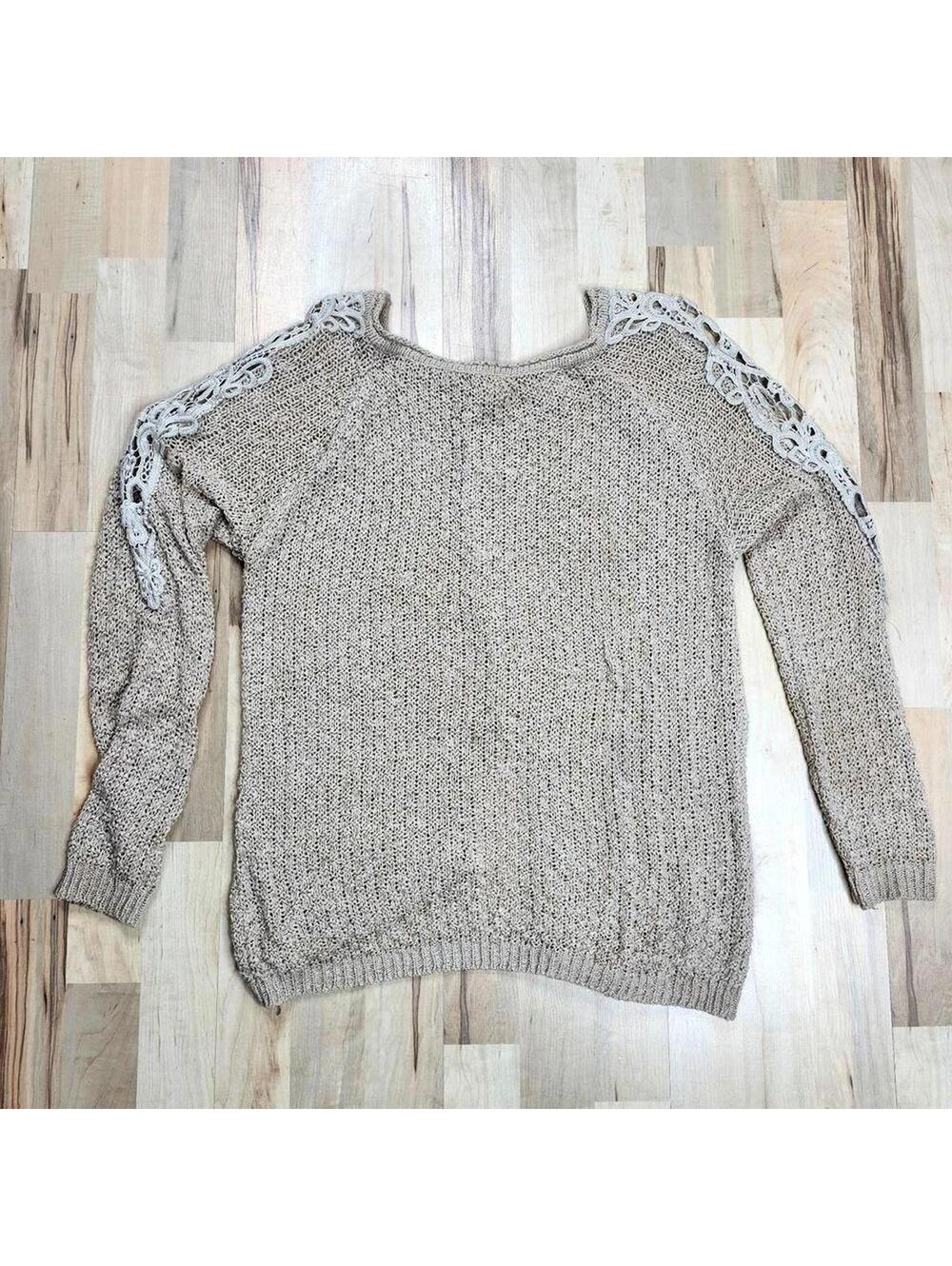 Iris Beige Knit Sweater with Lace Shoulder Detail Long Sleeve Casual Pullover L